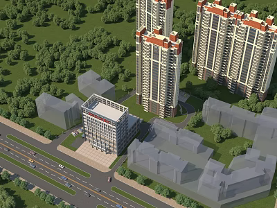 Aerial Planning of High Rise Residential Area With Surrounding Greenery and Roads 3d model