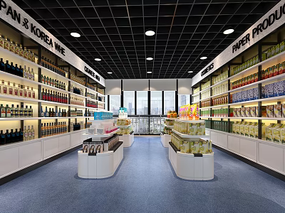Modern Supermarket Interior With Shelves Stocked Wine Sweet Products And Bright Layout 3d model