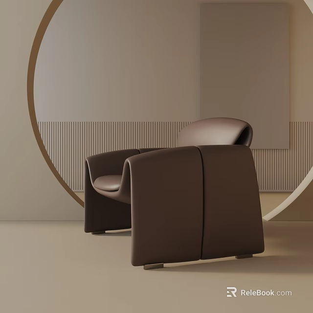 Modern Brown Leather Leisure Chair In Minimalist Interior With Curved Arms And Circular Decor 3d model 