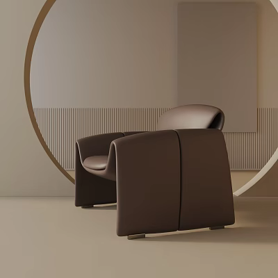 Modern Brown Leather Leisure Chair In Minimalist Interior With Curved Arms And Circular Decor 3d model