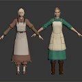 Two Women In Different Colored Tops With Beige Aprons Standing Pose