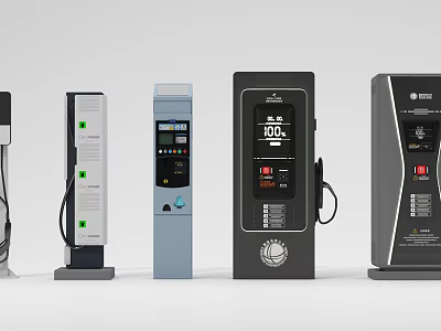 Public Electric Vehicle Charging Stations With Various Designs And Digital Screens 3d model