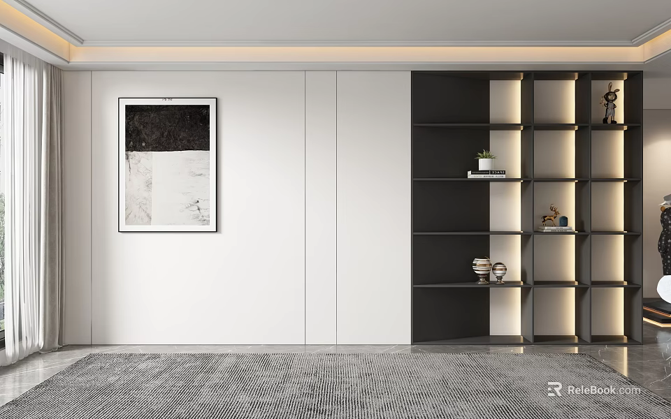 Modern Sofa Background Wall Design With White Panel Black Shelves And Decorative Artwork 3d model