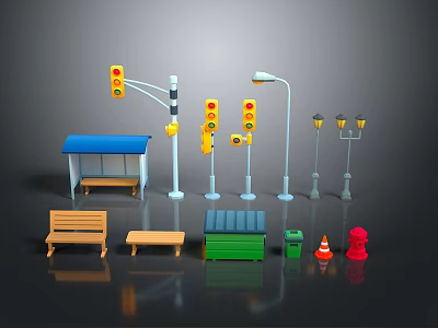 Urban Street Furniture Collection With Traffic Lights Lamps Bus Stop Benches Trash Bins Fire Hydrant 3d model