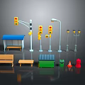 Urban Street Furniture Collection With Traffic Lights Lamps Bus Stop Benches Trash Bins Fire Hydrant