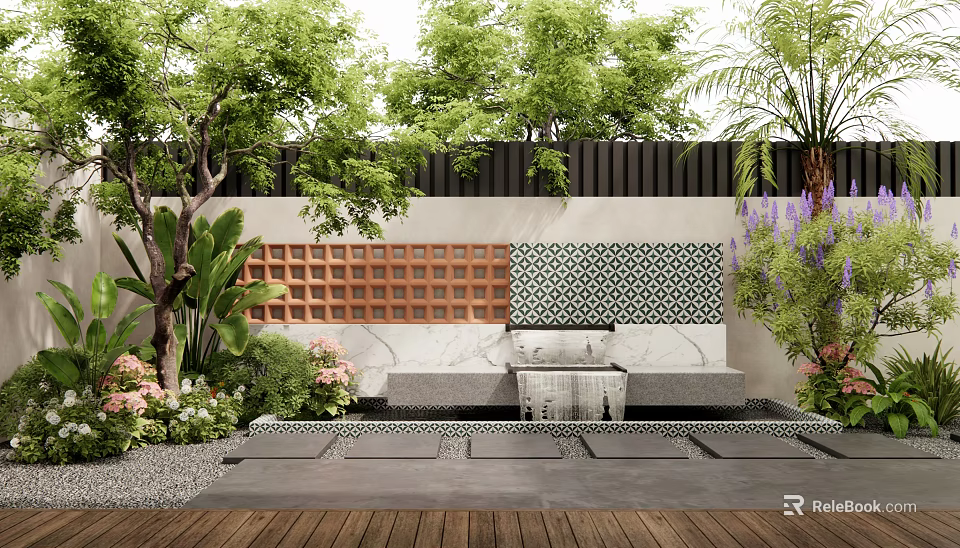 Garden Wall with Decorative Grille Patterned Tiles Green Plants Trees and Water Fountain 3d model 