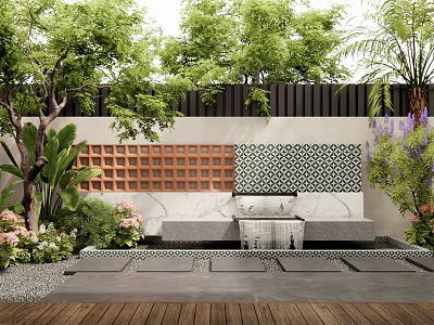 Garden Wall with Decorative Grille Patterned Tiles Green Plants Trees and Water Fountain 3d model