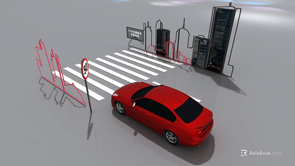 Red Car Driving Through Urban Crosswalk With Traffic Sign And City Background 3d model 
