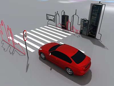 Red Car Driving Through Urban Crosswalk With Traffic Sign And City Background 3d model
