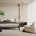 Modern Bedroom Interior With Bed Green Artwork Nightstand And White Accent Chair