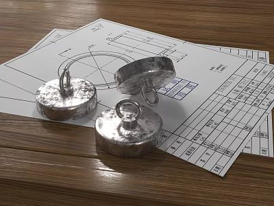 Precision Industrial Weights and Technical Drawings on Wooden Table for Calibration 3d model
