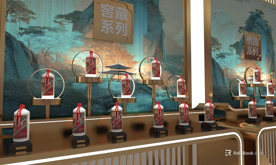 Cellar Collection Liquor Display On Golden Shelves With Chinese Landscape Backdrop 3d model 