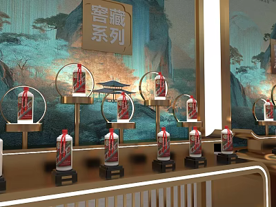 Cellar Collection Liquor Display On Golden Shelves With Chinese Landscape Backdrop 3d model
