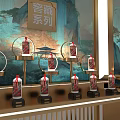 Cellar Collection Liquor Display On Golden Shelves With Chinese Landscape Backdrop