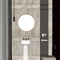 Elegant Modern Bathroom Interior With Circular Mirror Golden Sink Stone Wall Wooden Elements And Toiletries