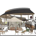 Scenic Campsite With Canvas Tent Vintage Van Outdoor Tables Chairs Green Grass And Trees
