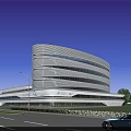 Streamlined Modern Office Building With Glass Curtain Wall And Night Illumination