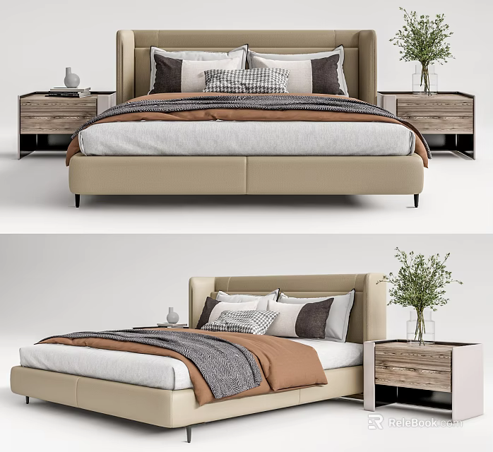 Modern Double Bed with Upholstered Headboard Plush Pillows and Wooden Nightstand with Plant 3d model 