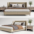 Modern Double Bed with Upholstered Headboard Plush Pillows and Wooden Nightstand with Plant