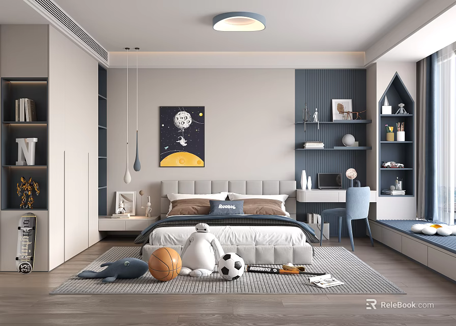 Cozy Kids Room Interior With Bed Rug Toys Bookshelves Desk And Chair 3d model 