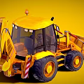 Yellow Backhoe Loader Construction Vehicle With Front Loader Bucket And Rear Excavator Arm