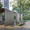 Wooden Pergola Structure In Park With Green Trees Lawn And Seating Benches