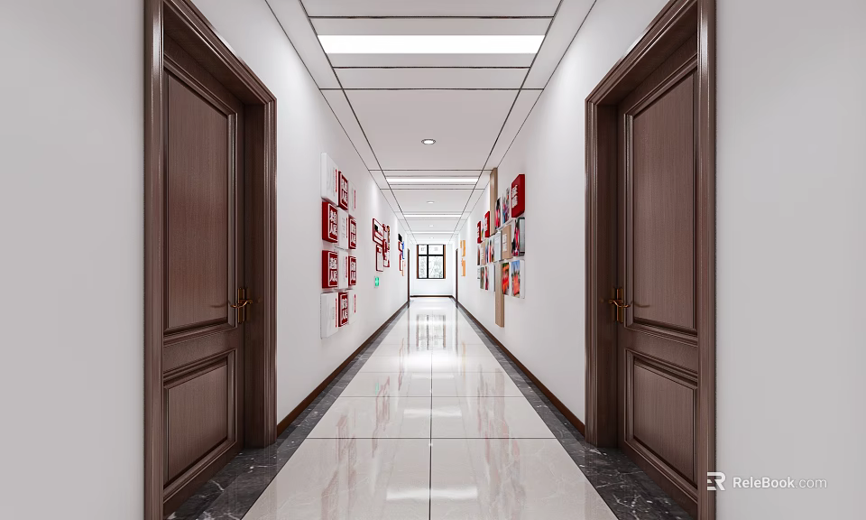 Modern Office Corridor With Wooden Doors Wall Decor And Ceiling Lights 3d model