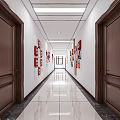 Modern Office Corridor With Wooden Doors Wall Decor And Ceiling Lights 3d model