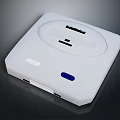 White Compact Electronic Device With Circular Design Slot And Blue Button Interface
