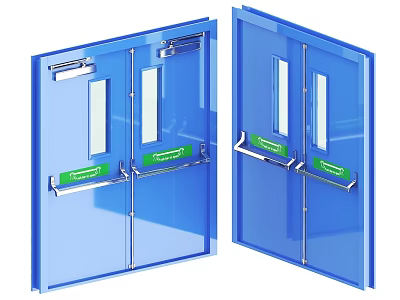 Blue Glass Double Doors With Metal Frames And Emergency Exit Signs 3d model