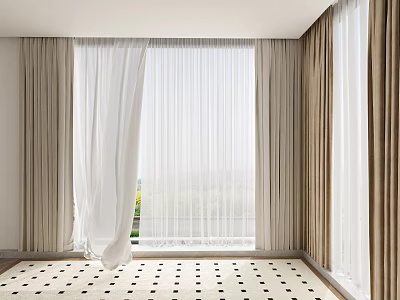 Modern Layered Curtains With Sheer White And Beige For Window In Bright Room 3d model