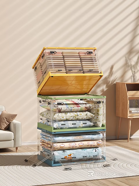 Transparent Stackable Storage Cabinet With Yellow Lid Storing Clothes In Living Room 3d model 