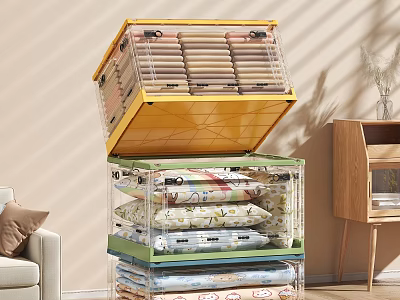 Transparent Stackable Storage Cabinet With Yellow Lid Storing Clothes In Living Room 3d model