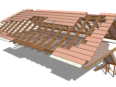 Wooden Roof Truss Structure With Tile Covering And Beam Framework 3d model