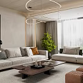 Modern Living and Dining Room Interior with Open Layout Sofa Coffee Table Fireplace and Chandelier