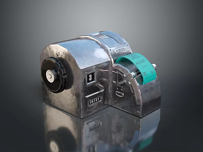 Industrial Silver Metallic Mechanical Device With Green Label Knob And Ports 3d model