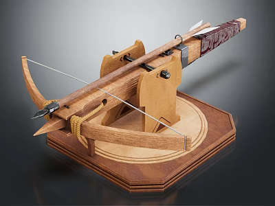 Wooden Crossbow With Metal Components Displayed On Hexagonal Wooden Base 3d model