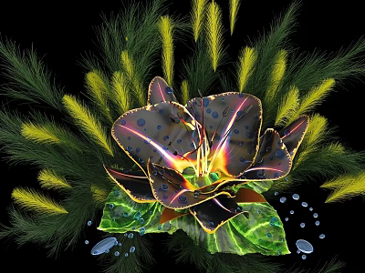 Decorative Flower Vase With Large Lily Flowers Shiny Petals Green Leaves And Yellow Accents 3d model