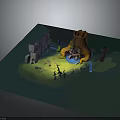 Futuristic SciFi Cavern With Glowing Blue Core And Silhouetted Figures Near Rock Formations