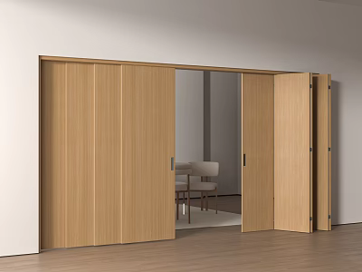Modern Light Wood Sliding Doors Open To Dining Area In Minimalist Interior Design 3d model