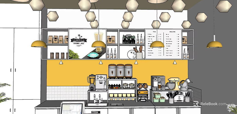 Bubble Tea Shop Interior Design With Counter Drink Displays Menu Board And Hanging Lights 3d model 