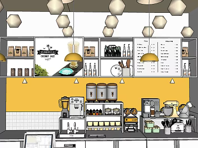 Bubble Tea Shop Interior Design With Counter Drink Displays Menu Board And Hanging Lights 3d model