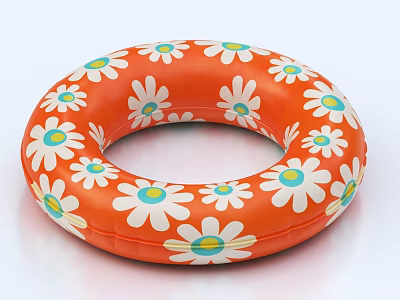 Orange Inflatable Swim Ring With White Daisy Patterns And Yellow Blue Centers 3d model