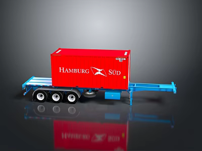 Red Container Trailer With HAMBURG SÜD Logo Blue Chassis And Three Wheels 3d model