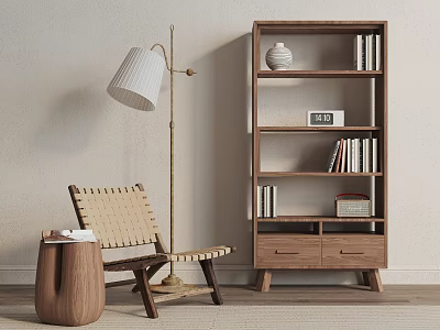Modern Minimalist Wooden Bookcase with Shelves Drawers in Living Room Woven Chair Floor Lamp 3d model