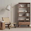 Modern Minimalist Wooden Bookcase with Shelves Drawers in Living Room Woven Chair Floor Lamp