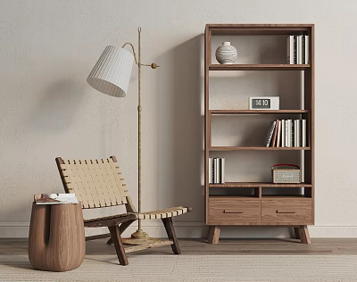 Modern Minimalist Wooden Bookcase with Shelves Drawers in Living Room Woven Chair Floor Lamp 3d model