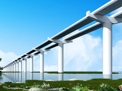 Elevated Bridge with White Piers Spanning Water Under Blue Sky White Clouds and Green Vegetation 3d model