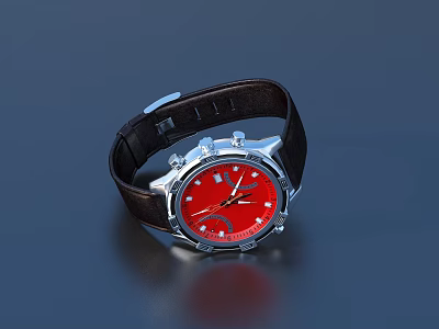 Stylish Modern Watch With Red Dial Brown Leather Strap And Silver Case 3d model