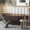 Copper Brown Bathtub In Modern Bathroom With Cat Small Table And Bath Products